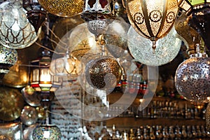 Moroccan glass and metal lanterns lamps in Marrakesh souq