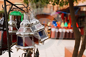 Moroccan glass and metal lanterns lamps in souq