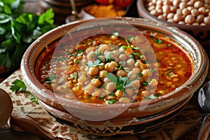 Moroccan Harira Soup with Lentils, Chickpeas, and Spices, Traditional Morocco Harira Soup