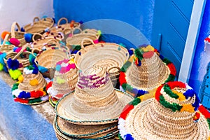 Moroccan hats in the store, Chefchaouen, Morocco. With selective focus