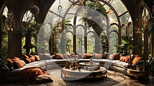 Moroccan Interior Design Living Room with Many Fur Rugs Pillows Plants Silk Hanging In Circle From Ceiling Background