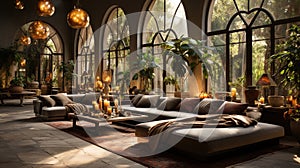 Moroccan Interior Design Living Room with Many Fur Rugs Pillows Plants Silk Hanging In Circle From Ceiling Background