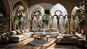 Moroccan Interior Design Living Room with Many Fur Rugs Pillows Plants Silk Hanging In Circle From Ceiling Background