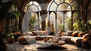 Moroccan Interior Design Living Room with Many Fur Rugs Pillows Plants Silk Hanging In Circle From Ceiling Background