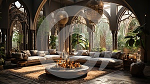 Moroccan Interior Design Living Room with Many Fur Rugs Pillows Plants Silk Hanging In Circle From Ceiling Background