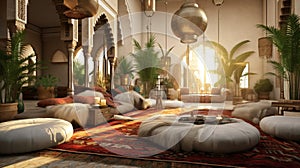 Moroccan Interior Design Living Room with Many Fur Rugs Pillows Plants Silk Hanging In Circle From Ceiling Background