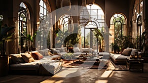 Moroccan Interior Design Living Room with Many Fur Rugs Pillows Plants Silk Hanging In Circle From Ceiling Background