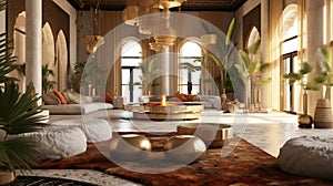 Moroccan Interior Design Living Room with Many Fur Rugs Pillows Plants Silk Hanging In Circle From Ceiling Background