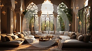 Moroccan Interior Design Living Room with Many Fur Rugs Pillows Plants Silk Hanging In Circle From Ceiling Background