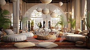 Moroccan Interior Design Living Room with Many Fur Rugs Pillows Plants Silk Hanging In Circle From Ceiling Background