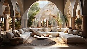 Moroccan Interior Design Living Room with Many Fur Rugs Pillows Plants Silk Hanging In Circle From Ceiling Background