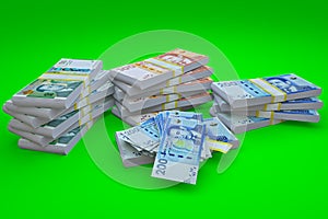 Moroccan money. Stack of banknotes of one hundred and two hundred and fifty dirhams. Conceptual illustration. Isolated on a green