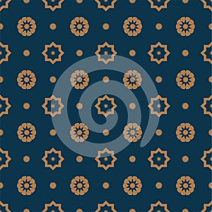 Moroccan mosque pattern in gold and blue color. Decorative seamless background.