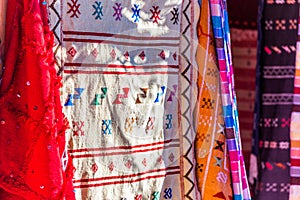 Moroccan national textiles for sale, Ait-Ben-Haddou, Morocco. With selective focus