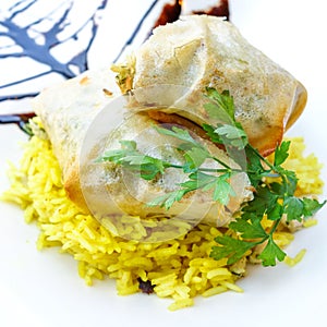 Moroccan Pastilla with saffron rice