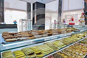 Moroccan pastries. Various pastries and sweets. Sweet shop front