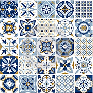 Moroccan pattern. Decor tile texture with blue ornament. Traditional arabic and indian pottery tiling seamless patterns photo