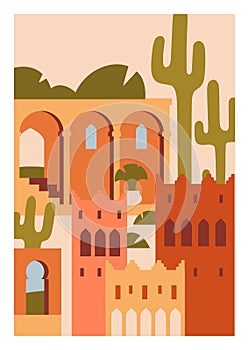 Moroccan poster. Morocco architecture card design. Berber building, vertical background. Ancient Arabian city, Marrakech