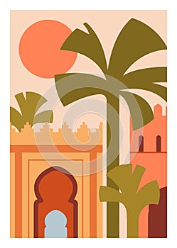 Moroccan poster. Oriental wall art with Morocco buildings, palm trees, Eastern sun. Arab, ancient Berber architecture