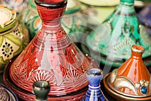 Moroccan pottery displayed in a market in Fez