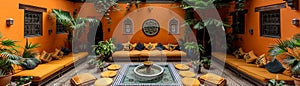 Moroccan riad courtyard with a mosaic fountain and plush cushions