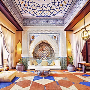 Moroccan riad decorated with an arabesque style geometric, generative ai