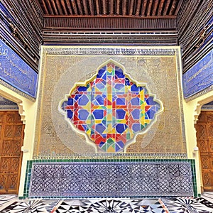 Moroccan riad decorated with an arabesque style geometric, generative ai