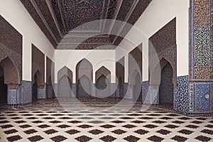 Moroccan riad decorated with an arabesque style geometric mosaic, generative ai