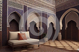 Moroccan riad decorated with an arabesque style geometric mosaic, generative ai