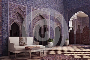 Moroccan riad decorated with an arabesque style geometric mosaic, generative ai