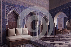 Moroccan riad decorated with an arabesque style geometric mosaic, generative ai