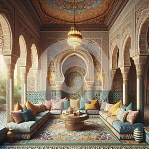 Moroccan riad decorated with an arabesque style geometric mosaic, generative ai