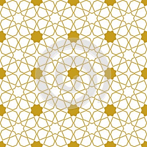 Moroccan seamless pattern, Morocco. Patchwork mosaic with traditional folk geometric ornament gold white. Tribal oriental style.
