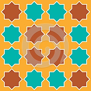 Moroccan seamless pattern, Morocco. Patchwork mosaic with traditional folk geometric ornament orange blue brown. Tribal oriental