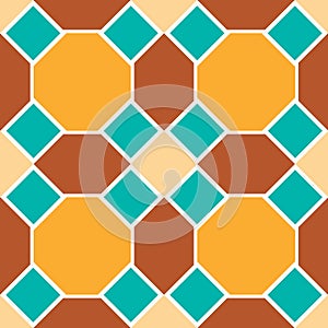 Moroccan seamless pattern, Morocco. Patchwork mosaic with traditional folk geometric ornament orange blue brown. Tribal oriental