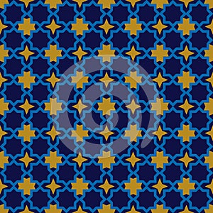 Moroccan seamless pattern, Morocco. Patchwork mosaic with traditional folk geometric ornament orange blue gold. Tribal oriental