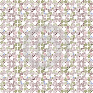 Moroccan seamless pattern, Morocco. Patchwork mosaic with traditional folk geometric ornament pink beige purple lilac green grey.