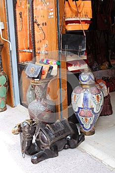 Moroccan shop in Marrrakesh with decorations and handbags