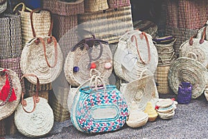 Moroccan souk crafts souvenirs in medina, Essaouira, Morocco