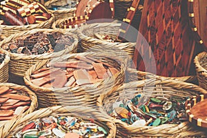 Moroccan souk crafts souvenirs in medina, Essaouira, Morocco