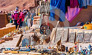 Moroccan souvenirs on a city street, Ait-Ben-Haddou, Morocco. With selective focus