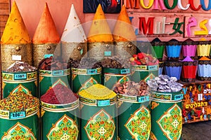 Moroccan spice stall in Marrakech market, Morocco
