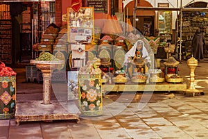 Moroccan spice stall in Marrakech, Morocco.