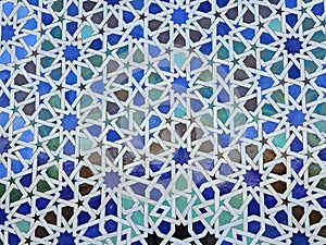 Moroccan style wall with colorful mosaic tiles at the Mohammed V mausoleum in Rabat Morocco