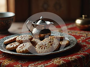 Moroccan traditional cookie and tea table.
