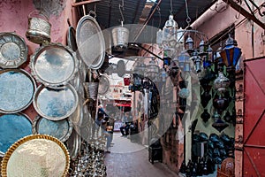 Traditional Souks with typical metalworks in Marrakesh, Morroco