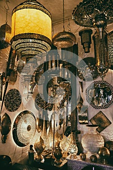Moroccan traditional lamps and lanterns in souk