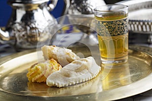 Moroccan traditional sweet pastries served with mint tea