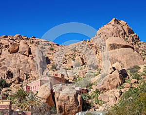 Moroccan village among the rocks, near Tafraout in the central part of the Anti-Atlas mountains, Tiznit Province, Souss-Massa re