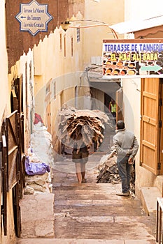 Moroccan worker carrying camel hides to the tannery